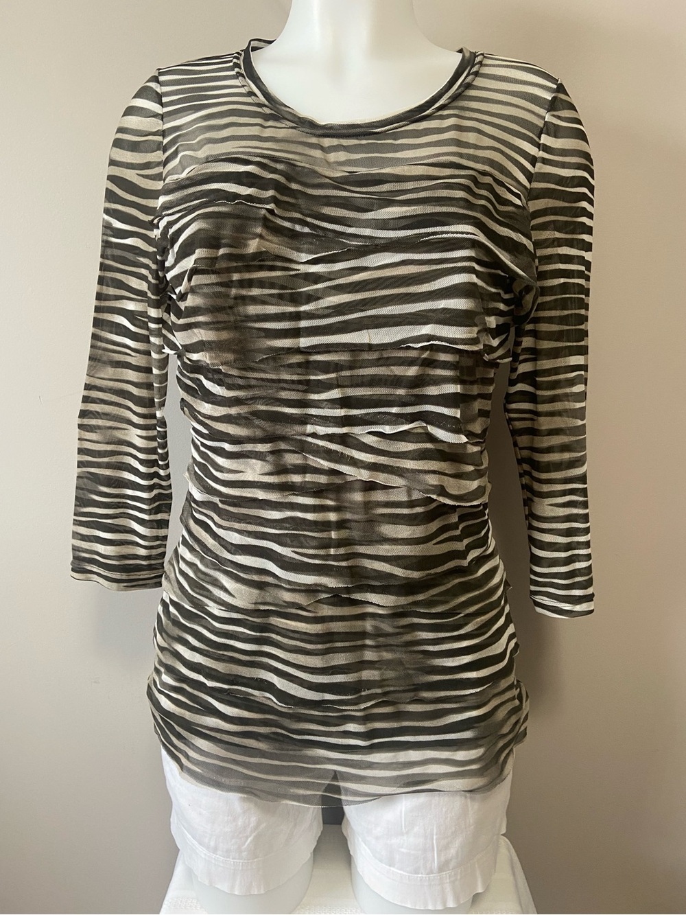 Tribal Sheer Layered Long Sleeve Top - Black & Cream